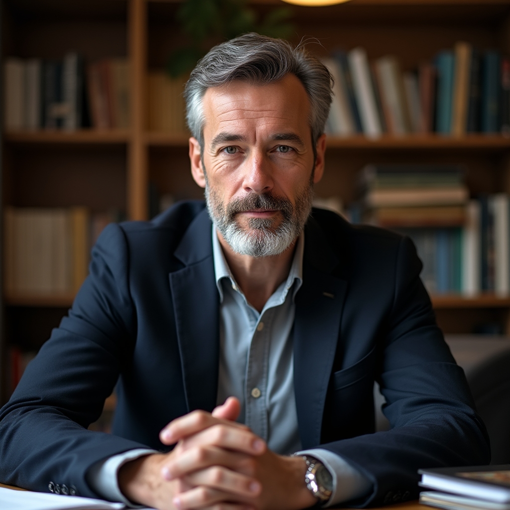 Portret badacza z dziedziny psychologii zachowań finansowych, mężczyzna w średnim wieku w formalnym stroju przy biurku z dokumentami